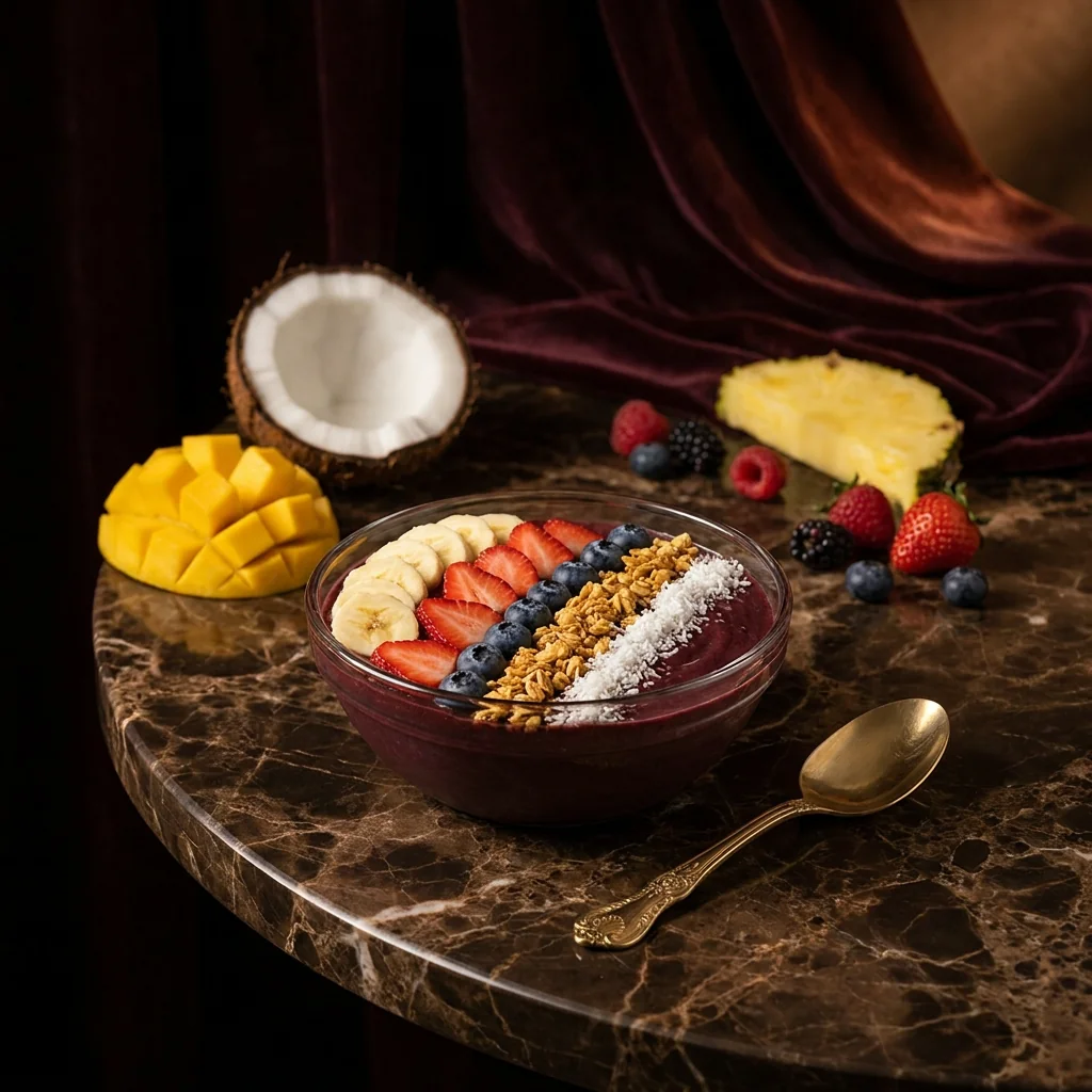 Fresh gourmet açaí bowl with premium ingredients and golden styling